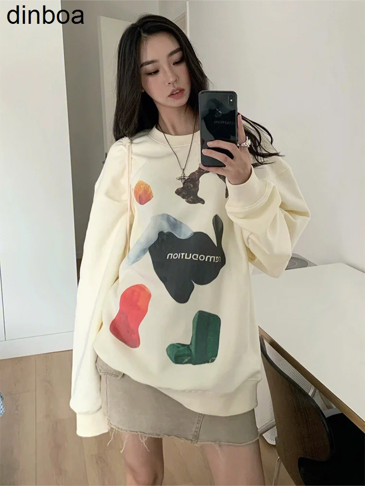 

White Color Women Bf Style Loose Casual Sweatshirts 2022 Autumn Winter American Style Vintage Print Female Pullover Oversize New