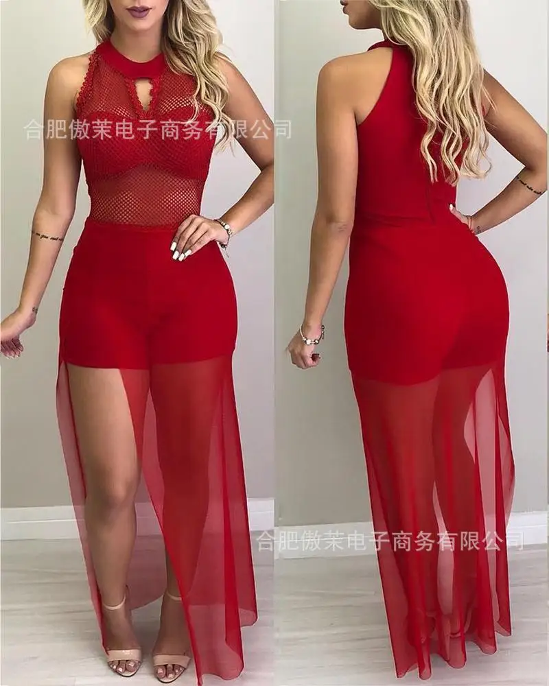 

Jumpsuits Women's Sexy Mesh Stitching Siamese Mesh Culottes Summer New Sleeveless Hollow Jumpsuits club outfits for women
