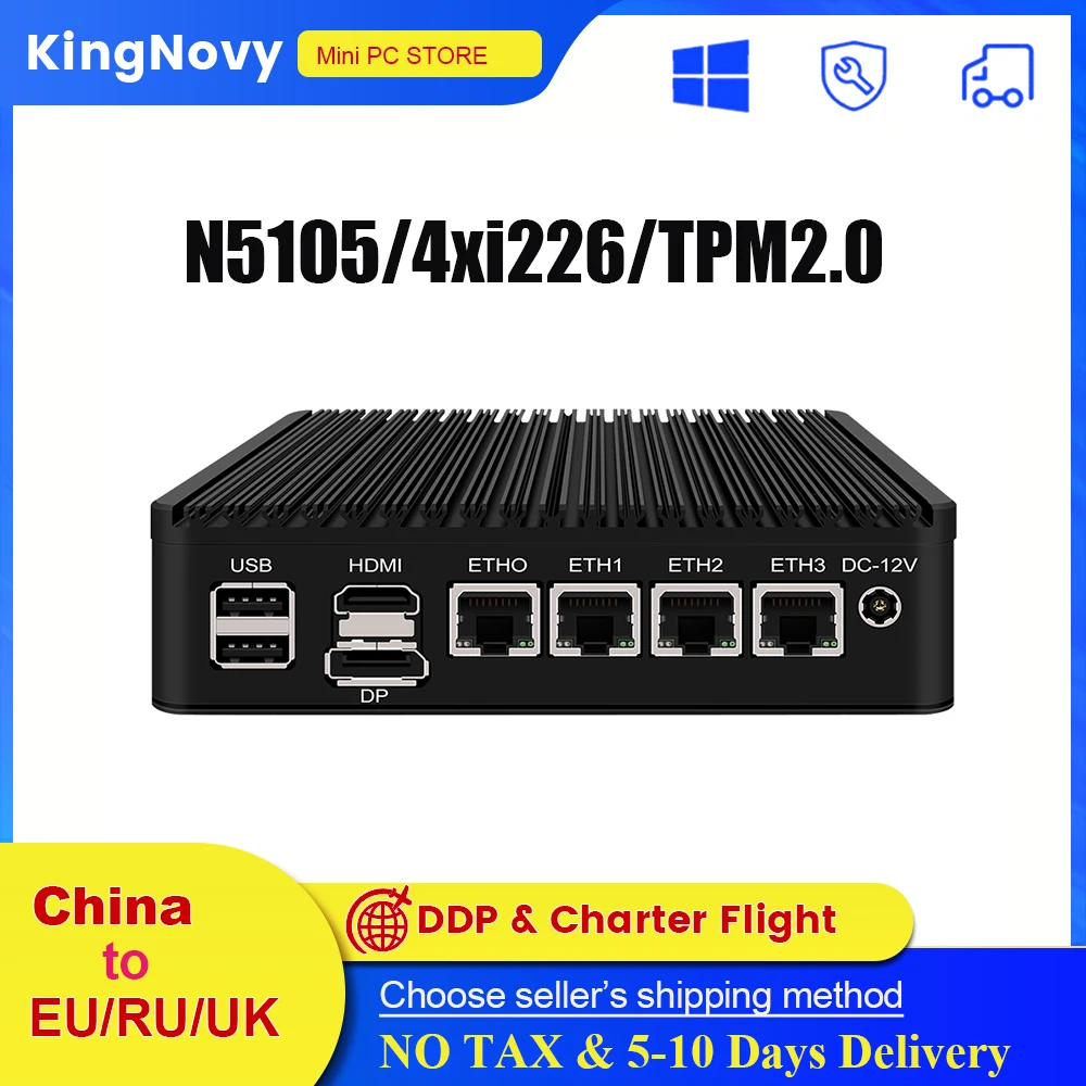 Fanless Mini PC 4 Intel i226-V 2.5Gb LAN N5105 Quad Core TPM2.0 Windows 11 pro Soft Router Server ESXI Rugged Firewall Appliance