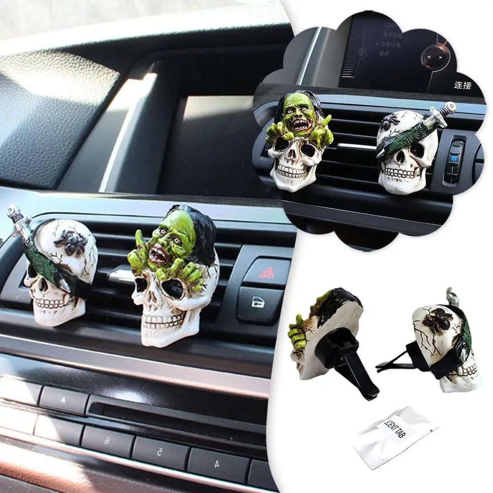 

2pcs Creative Halloween Decoration Resin Skull Car Perfume Air Freshener Car Conditioner Outlet Fragrance Aromatherapy Accessori