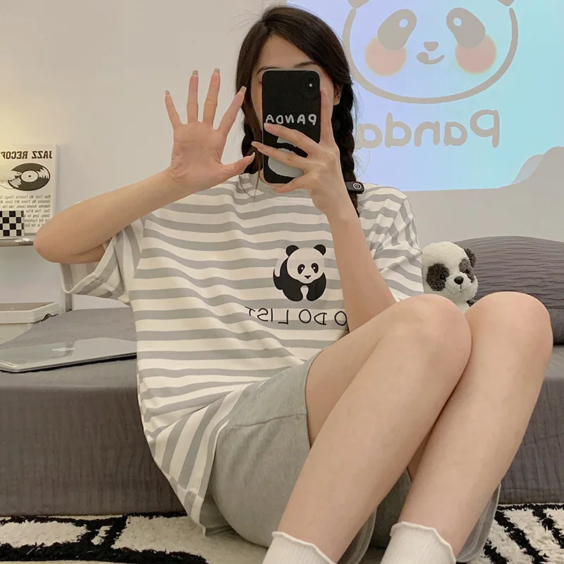 Summer Pajamas Sets Women's Short Sleeve Pants Pajamas Sets Cool Cotton Sleepwear Cute Cartoon Home Wear Clothes Suit Loungewear