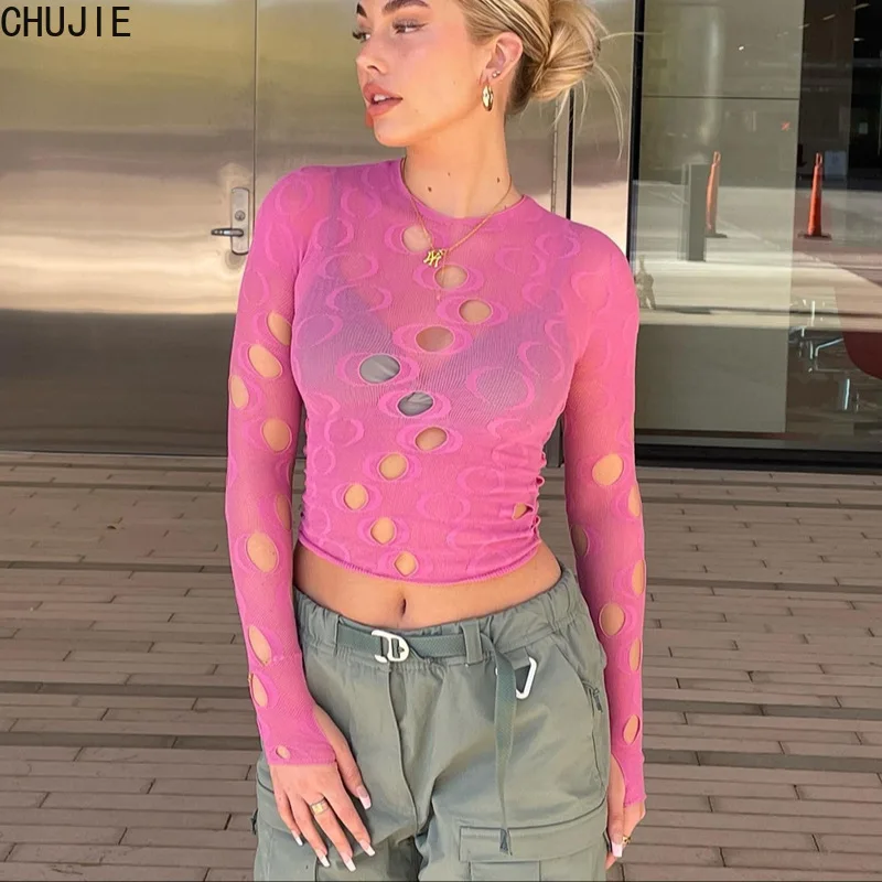 

2022 Spring New Fashion Trend Printing Polka Dot Hollow Perspective Short Navel Long-Sleeved T-shirt Women