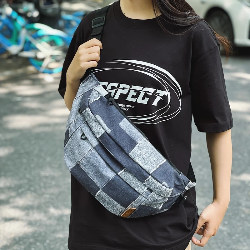 Вместительная классическая сумка для женщин большая клетчатая джинсовая