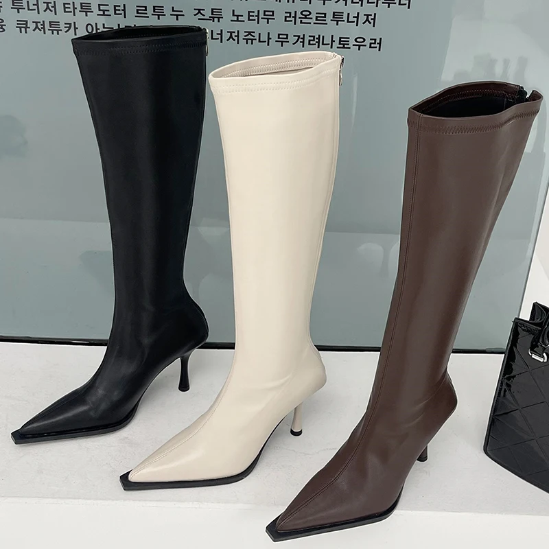 

New Shoes 2022 Women Knee-High Boots Casual Female Zippers Heels Shoes Pointed Toe Party Elegant Ladies Long Modern Boots