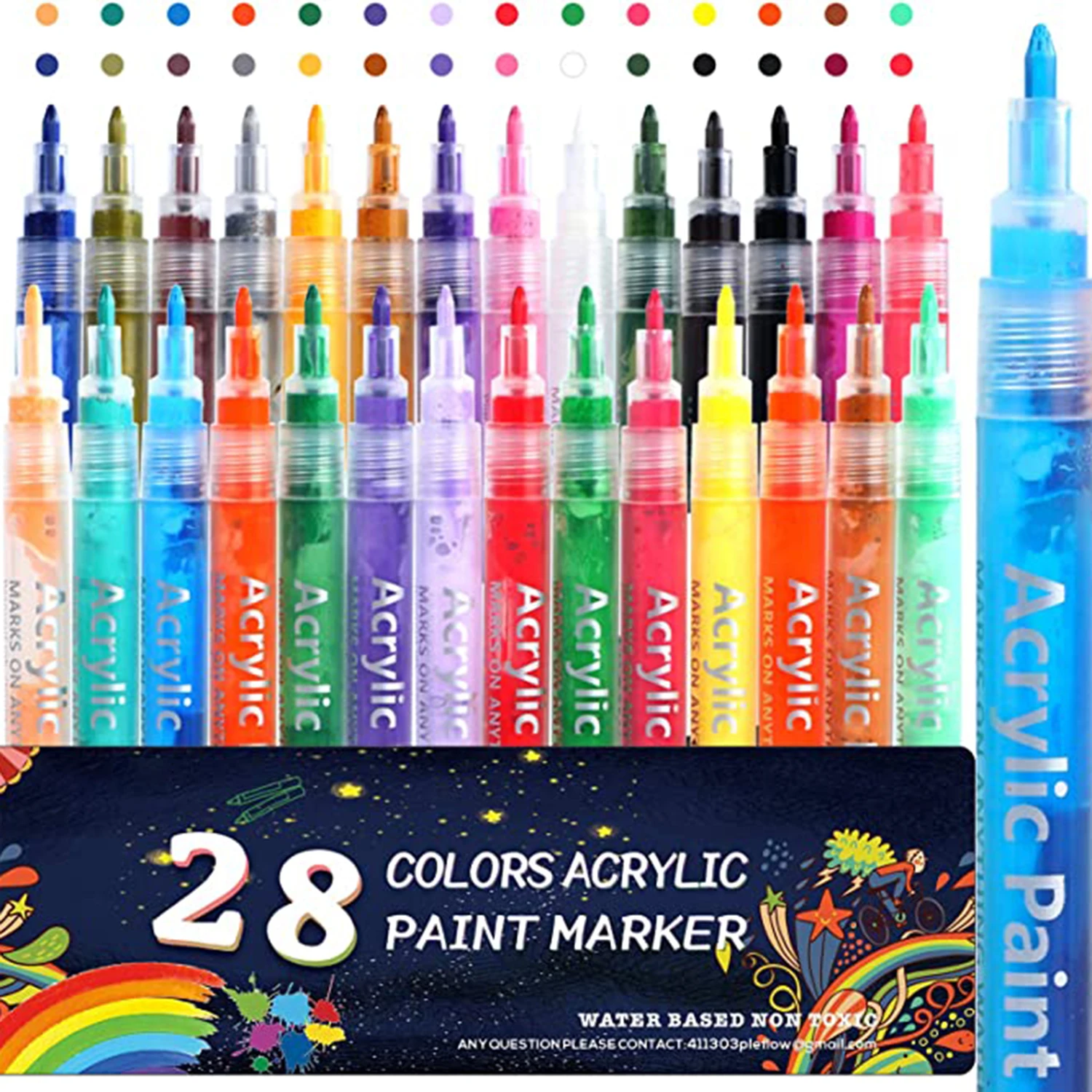 

28 Colors Acrylic Paint Pen Set Water Based 0.7mm Extra Fine Tip Acrylic Paint Pens Markers Set for Rocks Painting,Ceramic,Glass