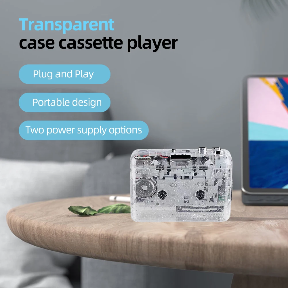 

USB2.0 Tape Player Full Transparent Shell Cassette Player Plug and Play English Listening Tape Player USB Type-C for Study