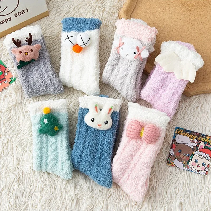 

Women Socks Coral Velvet Plush Female Socks Winter Cartoon Girls Warm Thicken Thermal Kawaii Home Soft Casual Solid Color Sock