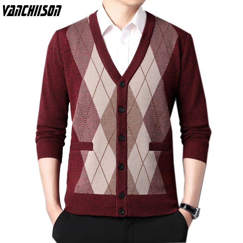 

Men Sweater Cardigan 100% Polyester Buttons Down Knit Contrast Argyle Retro Vintage Casual for Autumn Winter 2 Pockets 0016106
