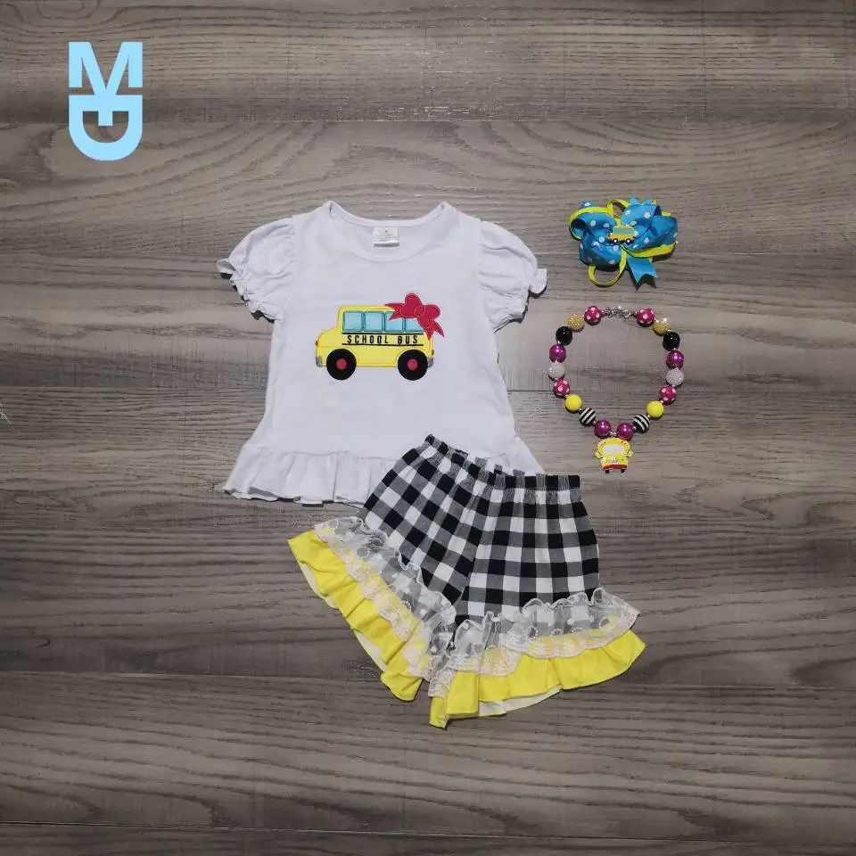 

New Girlymax Baby Girls Children Clothes Boutique Outfits Clothes Back To School Bus Cotton Plaid Gingham Shorts Match Accessori