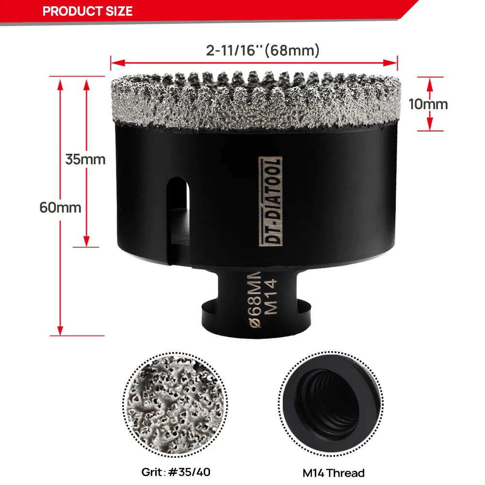 

DT-DIATOOL Алмазное сверло с коронкой, зубчатое сверло, кольцевая пила, сверло для плитки, гранита, мрамора, керамики, резьба M14, открывалка для отверстий