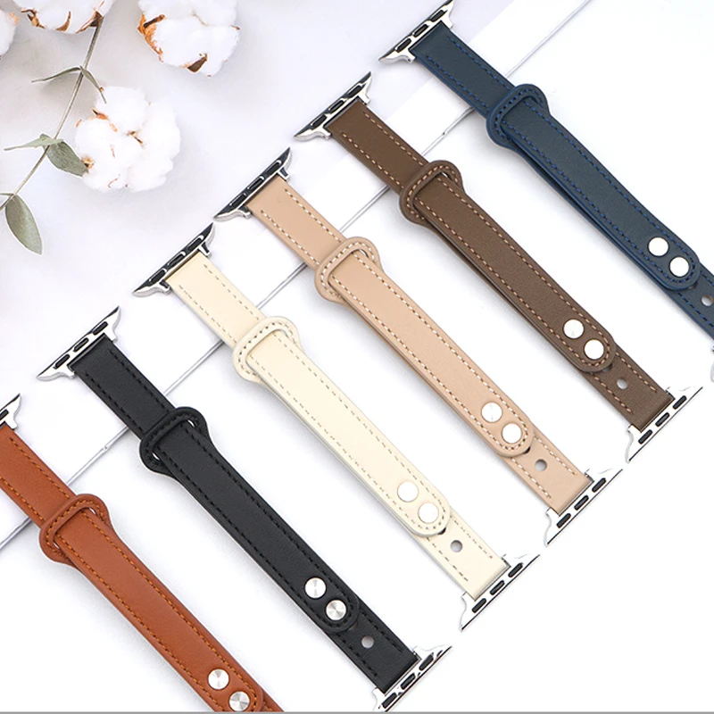 

Thin Slim Strap For Apple Watch band 40mm 41mm 38mm 45mm 42mm 42mm Genuine Leather Bracelet iwatch Series 3 4 5 6 7 SE Band