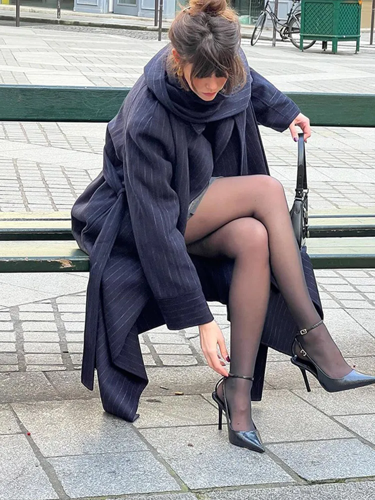 Элегантное полосатое женское длинное пальто повседневное свободное большого