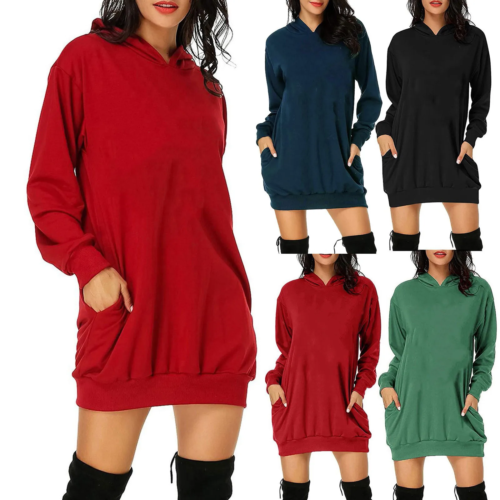

Women's Solid Color Long Hoodie Hooded Dress Elegant Sweatshirt Oversized 3XL Tunic Tee Shirt Dress Women Pockets