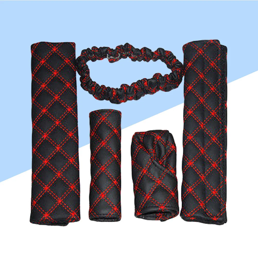 

5 in 1 Handbrake Cover Gear Cover Safety Belt Shoulder Pads and Rearview Mirror Cover Set (Red+Black)