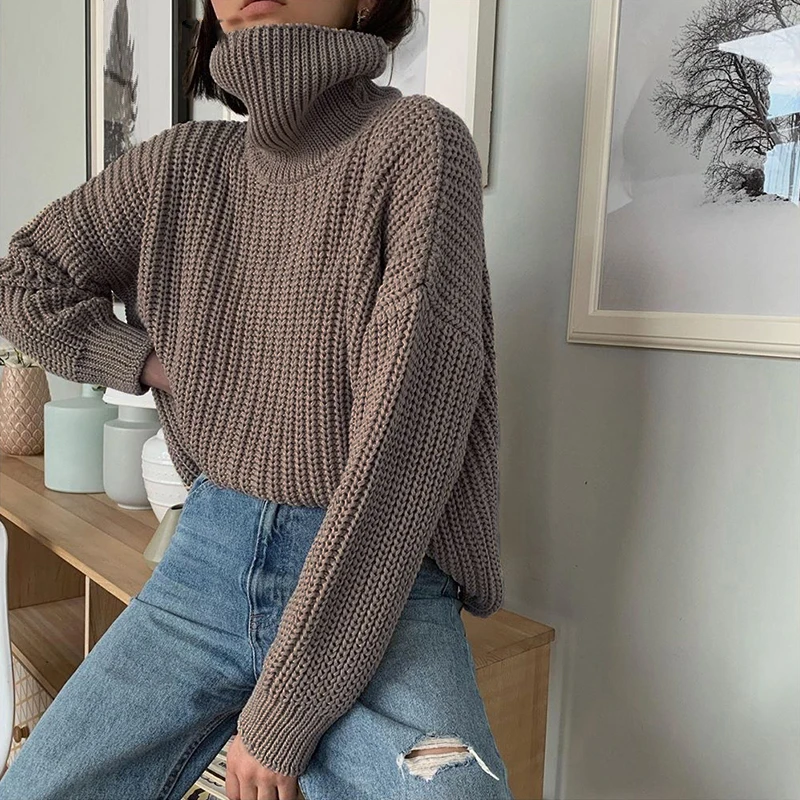 

2020 New Fashion Korean Elegant Solid Turtle Neck Tops Women Cashmere Warm Soft Oversized Thick Warm Female Pullovers Sweater