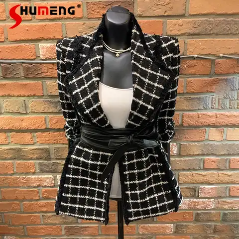 Женский приталенный шерстяной Блейзер, черно-белый клетчатый пиджак с длинным рукавом, стеганое пальто, весна-осень 2022