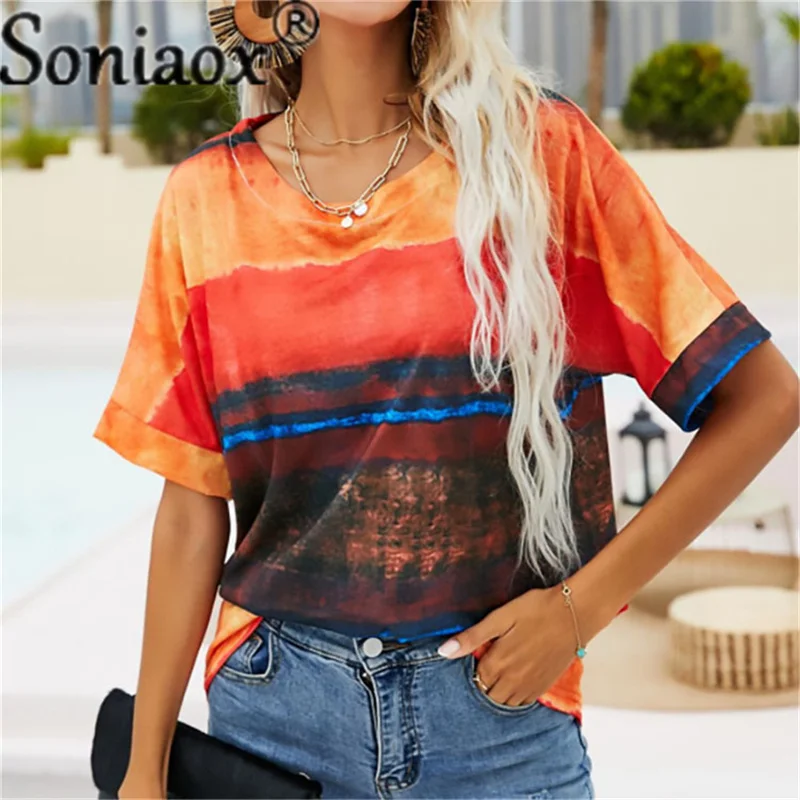 Женская Повседневная футболка с градиентным принтом винтажная свободная