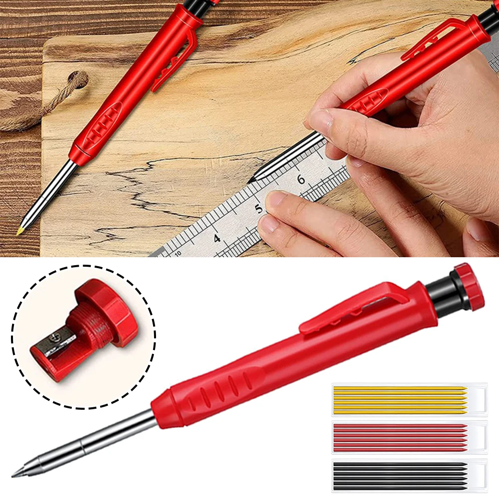 

Solid Carpenter Pencil Set With 7 Refill Leads Built-in Sharpener Deep Hole Mechanical Pencil Marker Marking Tool Hand Tool Sets