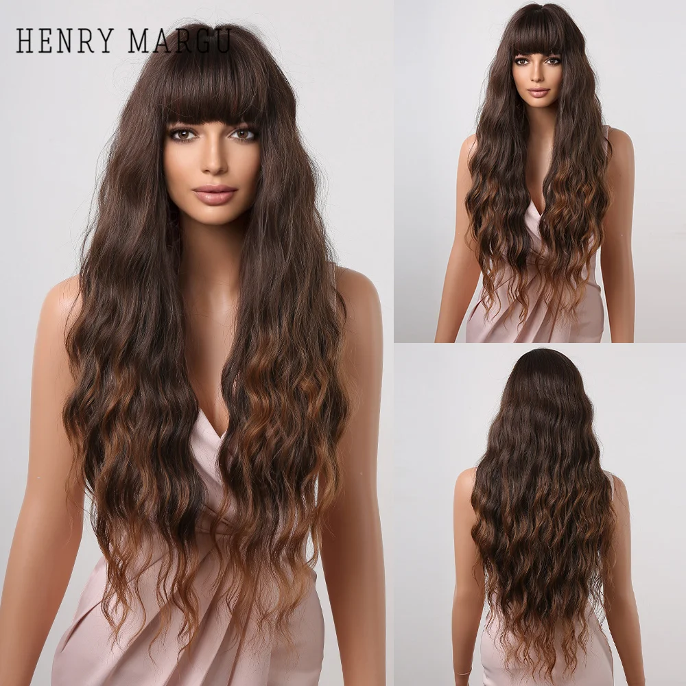 

HENRY MARGU Ombre Brown Long Synthetic Wigs with Bangs for Women Body Wavy Layered Wig Cosplay Party Lolita Heat Resistant Fiber