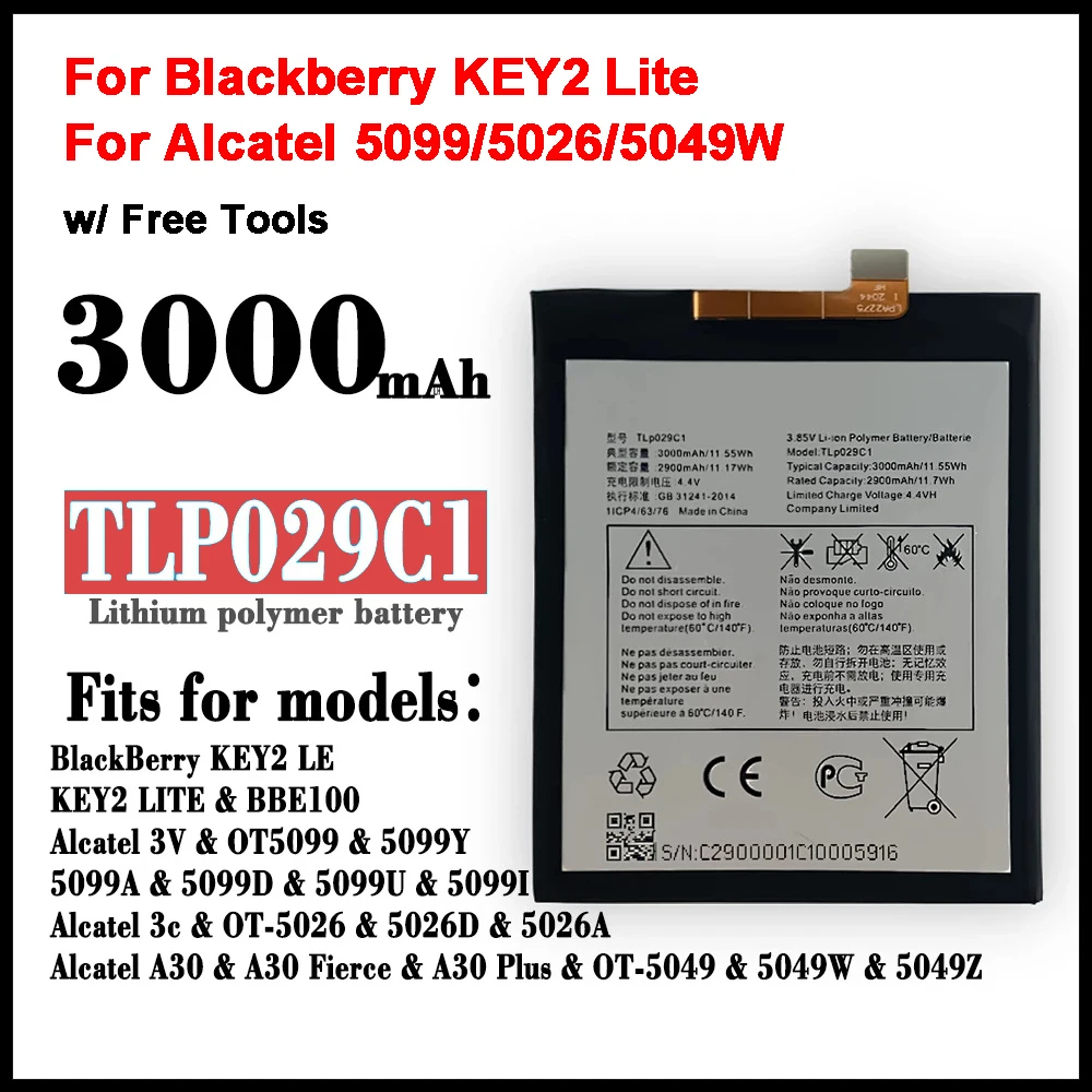 3000mAh TLp029C1 Аккумулятор для TCL Alcatel A30 Fierce A30 Plus OT-5049S для Blackberry Key2 LE Key 2 LE (не для key2)