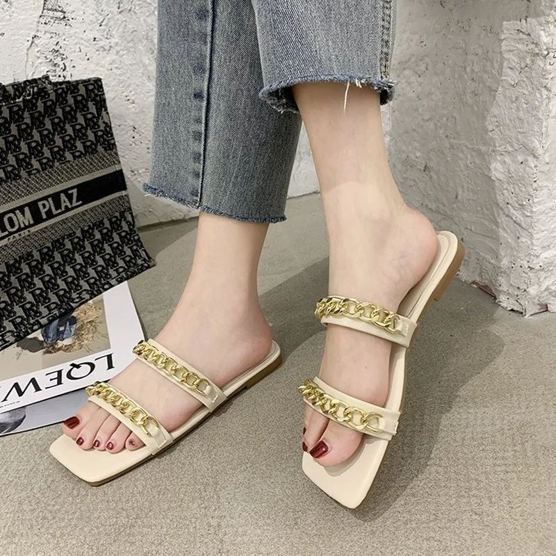 

Large Size Metal Chain Slippers Women Summer New Women's Seaside Beach Shoes Fashion Outer Wear Casual Lazy Square Head Slippers