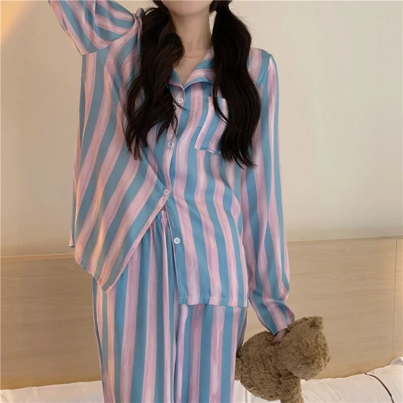 

New Autumn Winter Long Sleeved Women Pajamas Set Simple Stripes Trousers Pyjamas Sets Loungewear Women Leisure Sleepwear Set