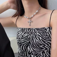 trendy pearl punk necklaces inlay pendant sliver plated stainless steel cross hip hop necklace for women and men