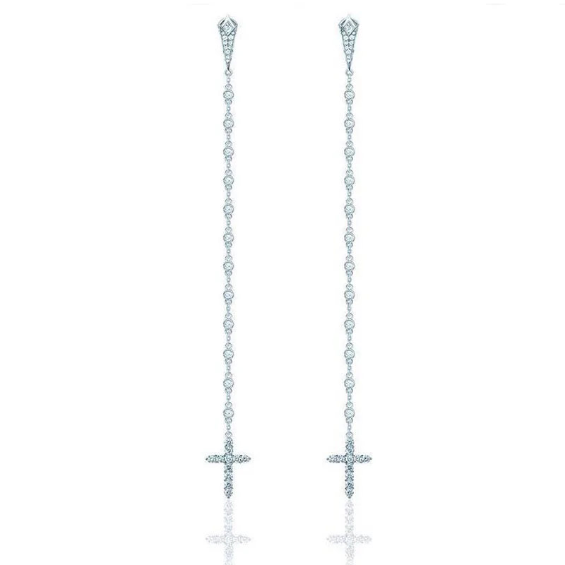 

Fashion Real S925 Sterling Silver Long Tassel Cross Drop Earrings Pave 5A Cubic Zirconia for Women Luxury Brand Jewelry