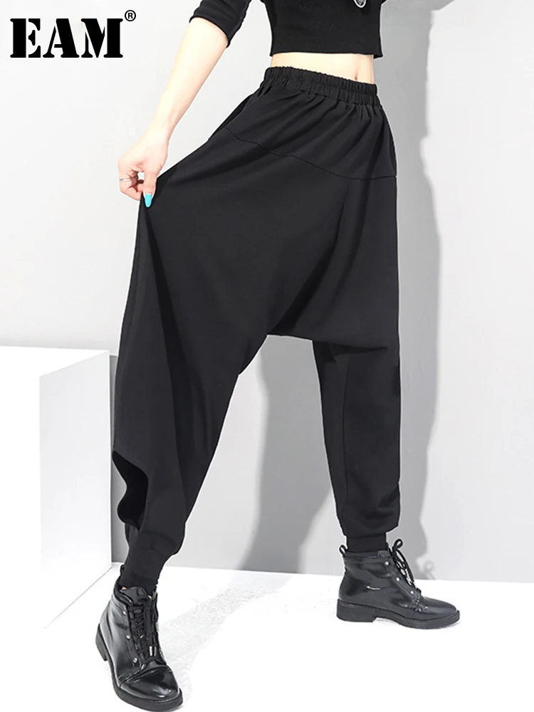 

[EAM] Черные Короткие Длинные широкие брюки с высокой эластичной талией, новые свободные брюки для женщин, модные весенне-осенние 2022 1DC422
