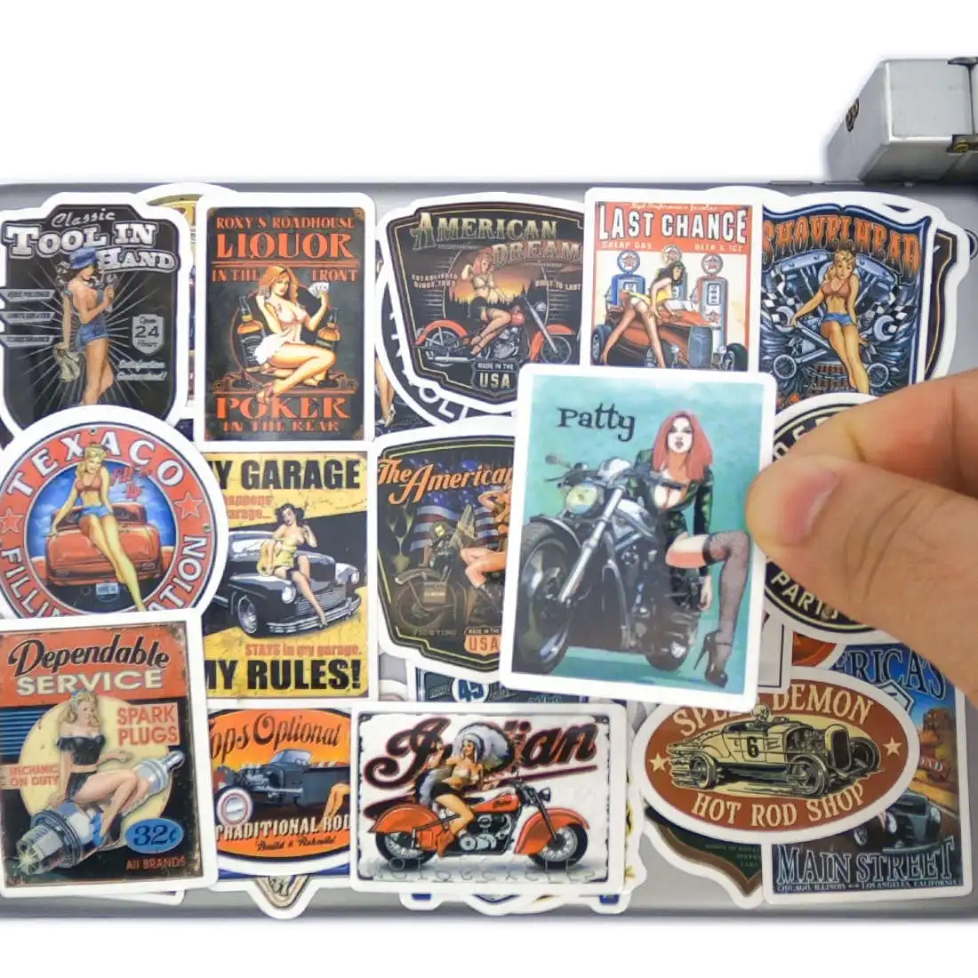 

50 Pieces Gas Station Poster Girls Retro Road Trip Waterproof Stickers Classic Toys for Motorcycle Car Bike Luggage Phone Laptop