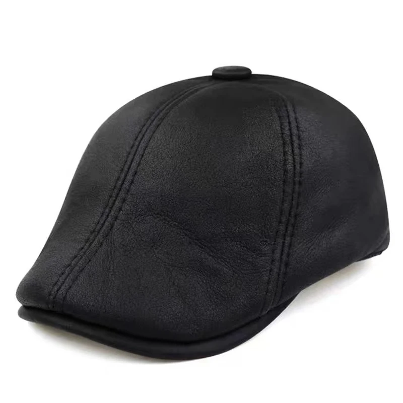 Зимние мужские теплые береты Кожаная шапка с мехом для мужчин меховыми вставками