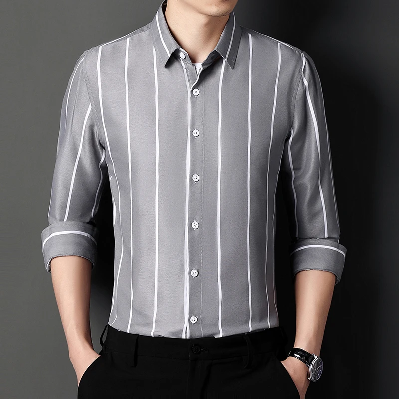 

Men's Long Sleeve Business Shirt Non-iron Stretch Casual Striped Shirts Button-down Male Social Shirt