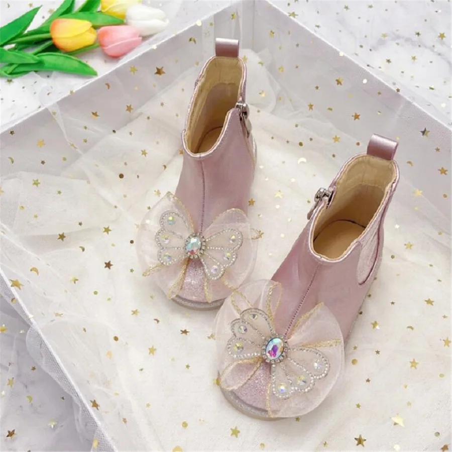 

Girls' Short Boots 2023 Autumn Winter New Children's Boots Princess Shoes Plush Baby Shoes Riding Boots Silver Single Pink