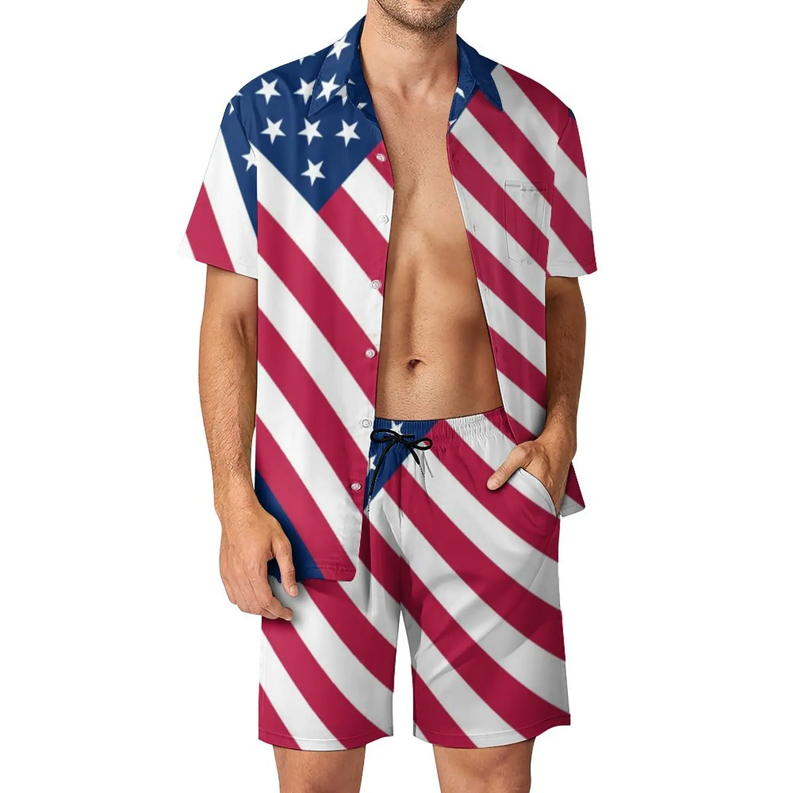 

Patriotic American Flag Men Sets Stars and Stripes Print Casual Shorts Summer Hawaii Vacation Shirt Set Short-Sleeved Oversize
