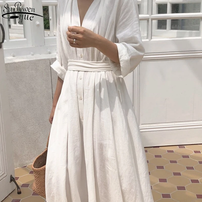 

2023 White Vestidos Vintage Women Dress Spring Summer Elegant A-Line Loose Shirt Dress Pleasure Solid Cotton Long Dress 10054