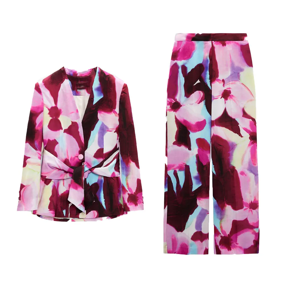 

Zach AiIsa autumn new silk satin texture print bow belt blazer + retro print drape high waist straight loose casual trousers