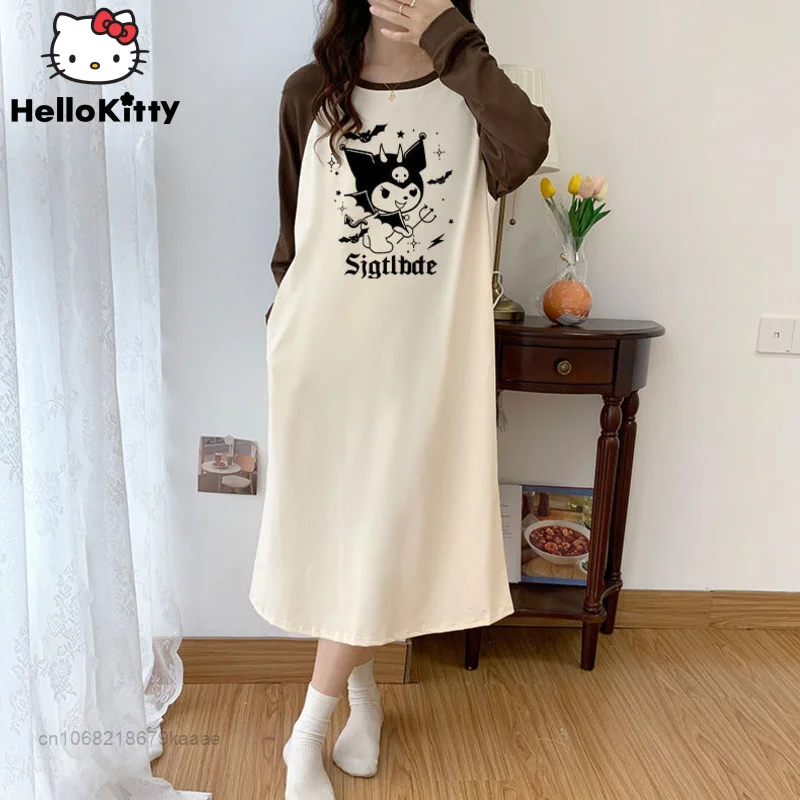 Sanrio Kuromi Nightgown New Design Women Spring Casual Dress Pajamas 1 Piece Set Female Korean Fashion Long Shirts Y2k Clothes