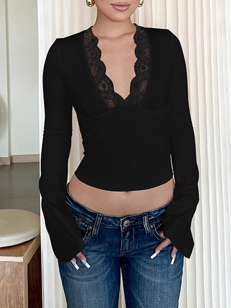 Absobe сексуальный кружевной лоскутный укороченный топ женская футболка с глубоким