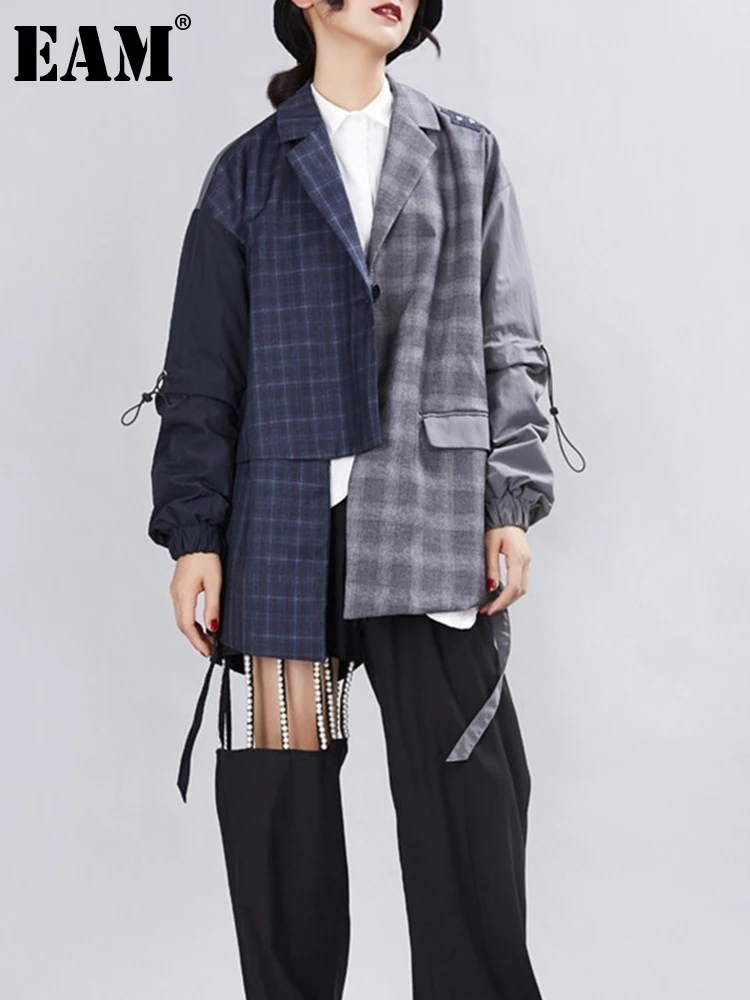 

[EAM] 2022 New Spring Autumn Turn-down Collar Long Sleeve Hit Color Spliced Plaid Personality Jacket Women Coat Fashion JX694