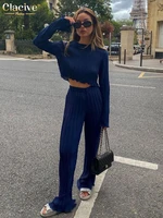 clacive fashion long sleeve t shirts two piece sets womens bodycon blue pleated pants set streetwear elegant wide trouser suits