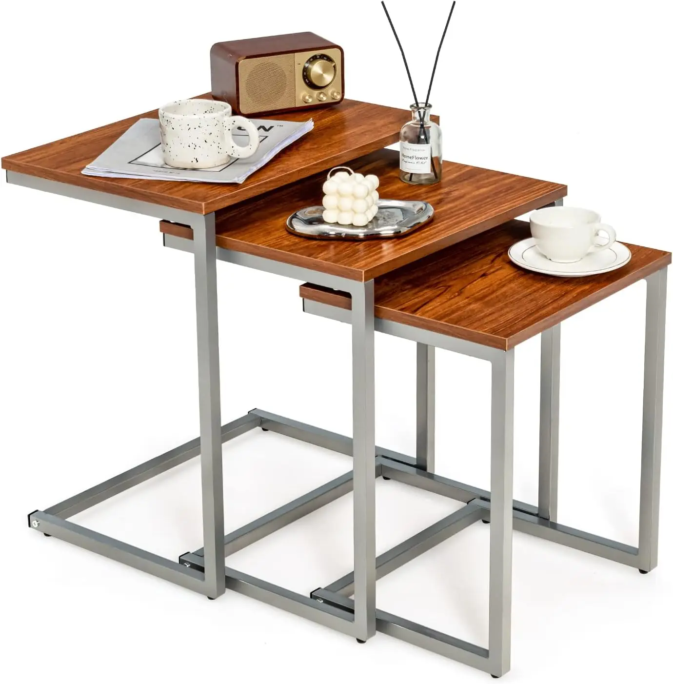 

of 3 Nesting Coffee Tables, Stackable Square End Table with Wood Grain Tabletop and Heavy-Duty Metal Frame, Multifunctional C-Sh