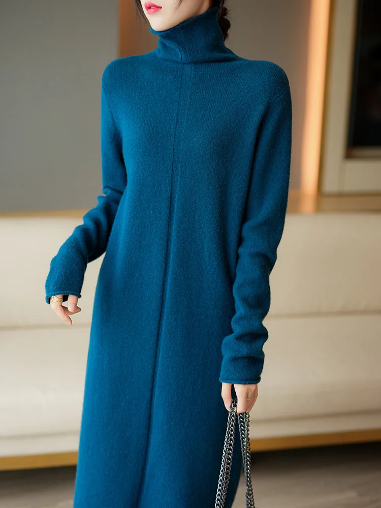 

Женская длинная кашемировая водолазка, трикотаж из 100% чистой шерсти, модные женские джемперы, длинное платье, Новое поступление, 2022 г.