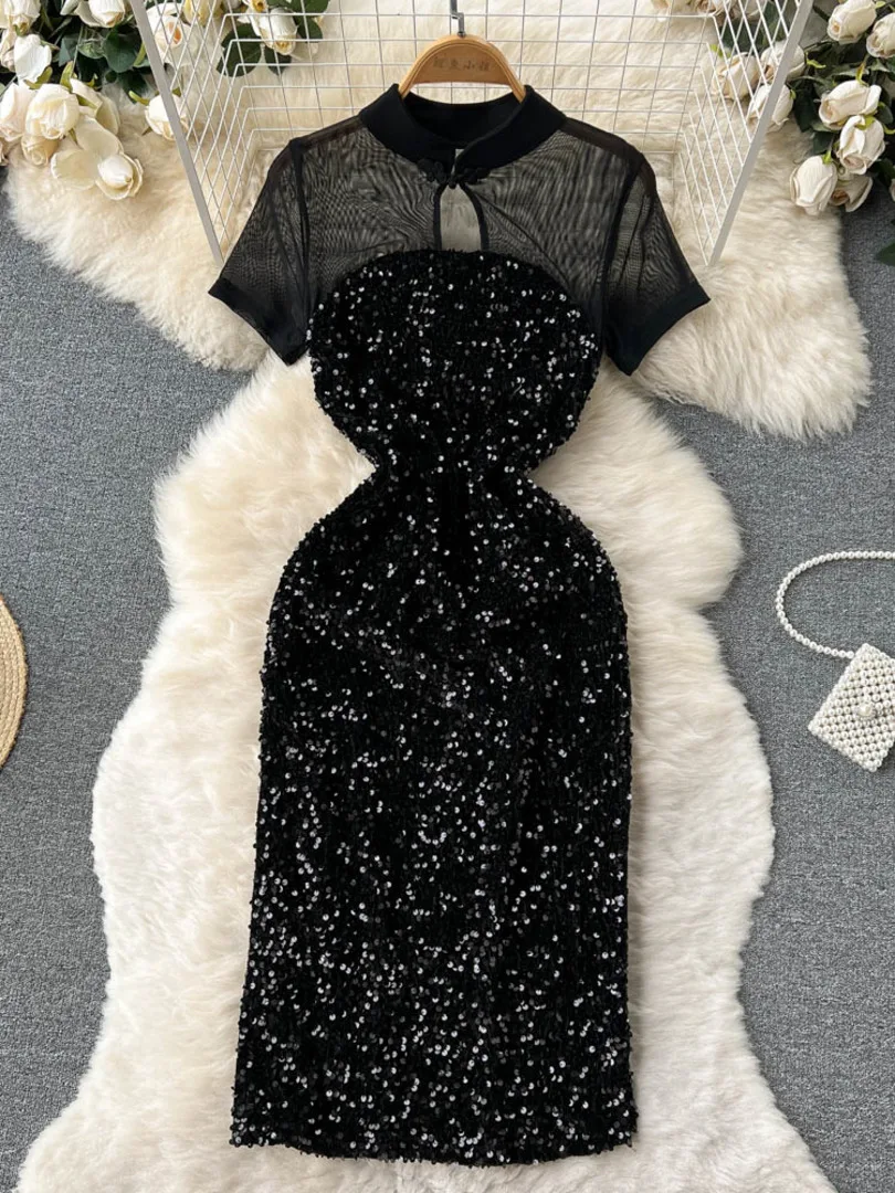 

Foamlina Sexy Perspective Mesh Patchwork Sequins Glitter Party Dress Summer Women Stand Collar Short Sleeve Split Bodycon Dress