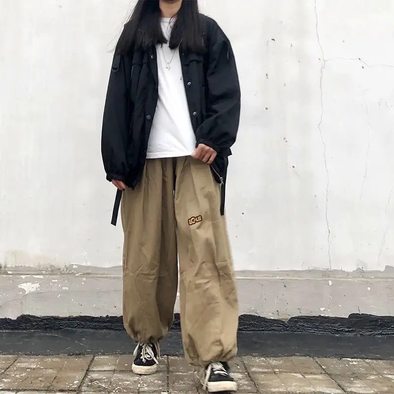 

QWEEK Streetwear Khaki Cargo Pants Women Harajuku Hip Hop Oversize Baggy Loose Wide Leg Trousers For Female Casual Bloomers