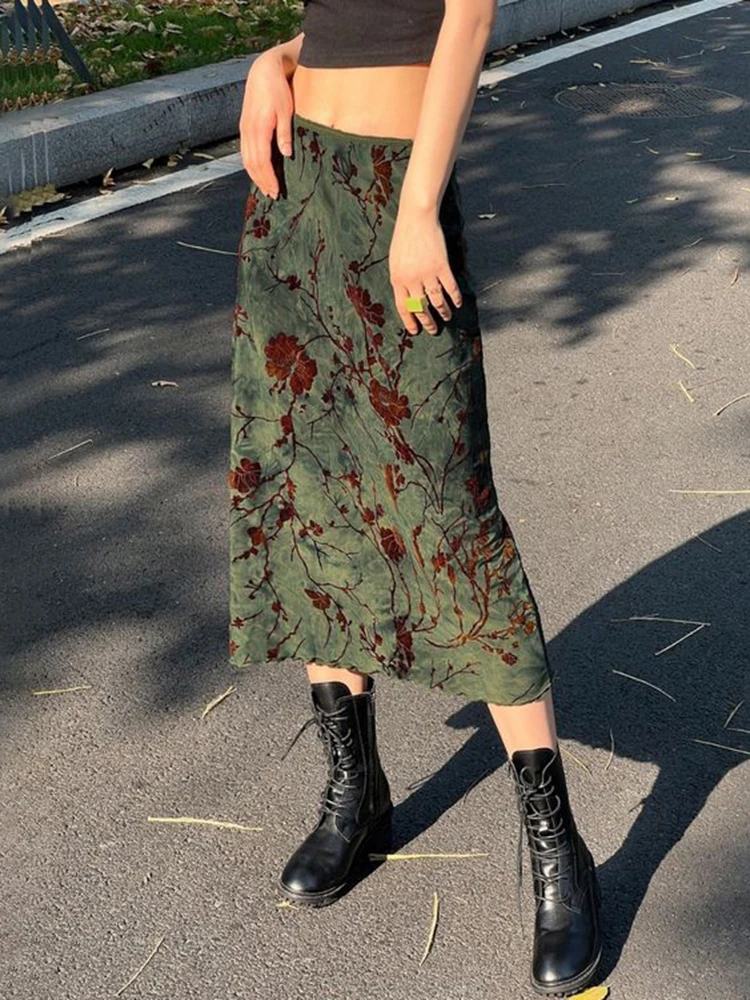 WeiYao 2022 Fashion Women A Line Long Skirts Floral Print Cute Y2K Clothes Aesthetic Grunge Low Waist Vintage Preppy Skirt