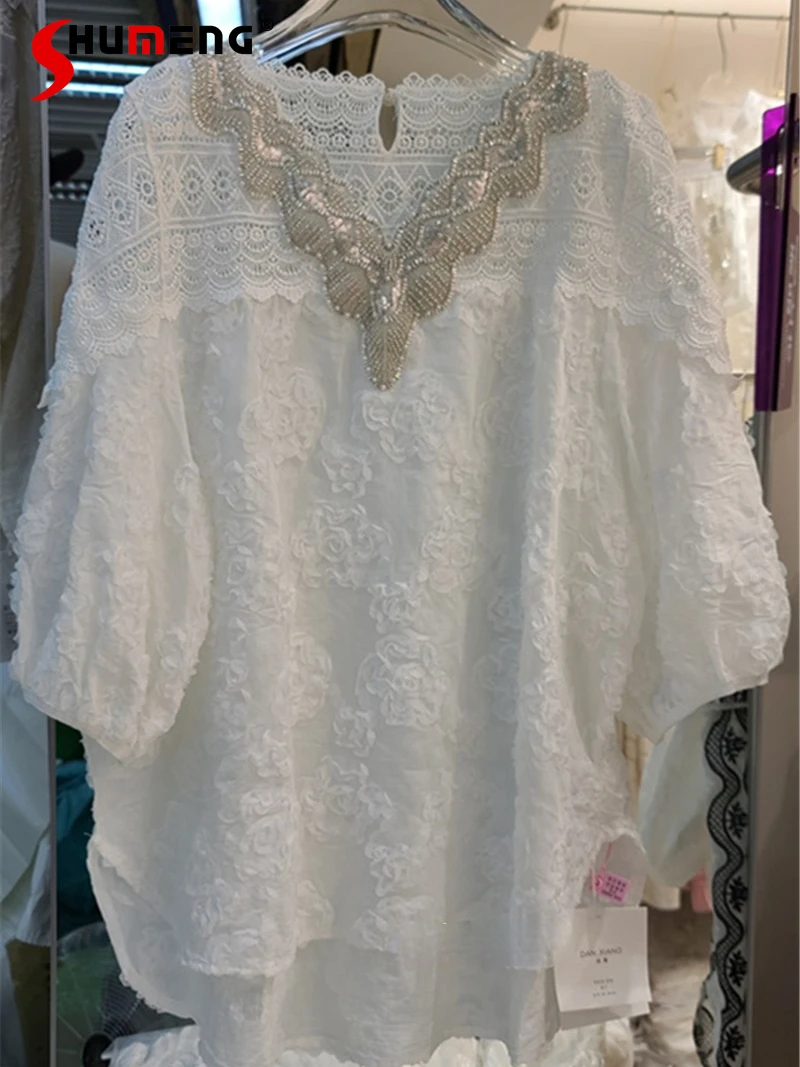 

European Station 2022 Summer New Dignified Hollow Heavy Industry Beads Tops Puff Sleeve Lace Shirt Women's Loose Midi Blouse