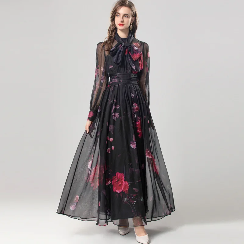 Платье с шарфом и воротником длинным рукавом высокой талией трехмерное