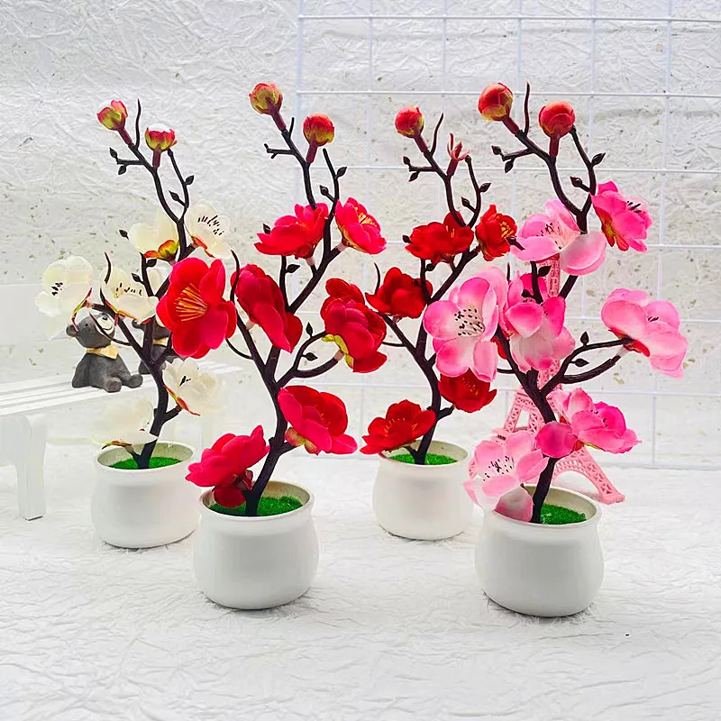 

Mini Artificial Plum Flowers Blossom Bonsai Fake Flower Plants Pot for Home Office Garden Kitchen Living Room Table Decoration