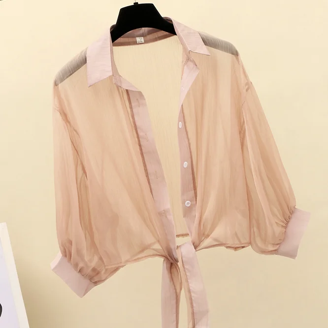

2022 Women Summer New Sun Protection Clothing Female Students Solid Color Chiffon Shirts Ladies Thin Air-conditioned Shirts Q79