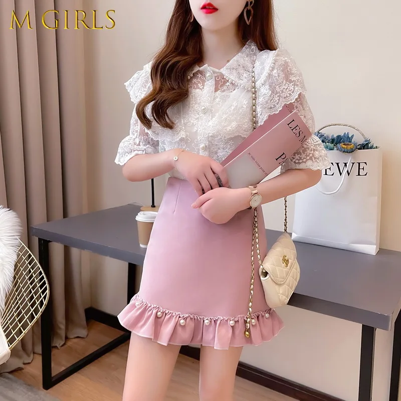 Sweet Skirt Two Piece Set Summer New Women Fashion Fairy Short Sleeve Beading Lace Shirt Blouse + Beaded Wooden Ear Skirt Suits